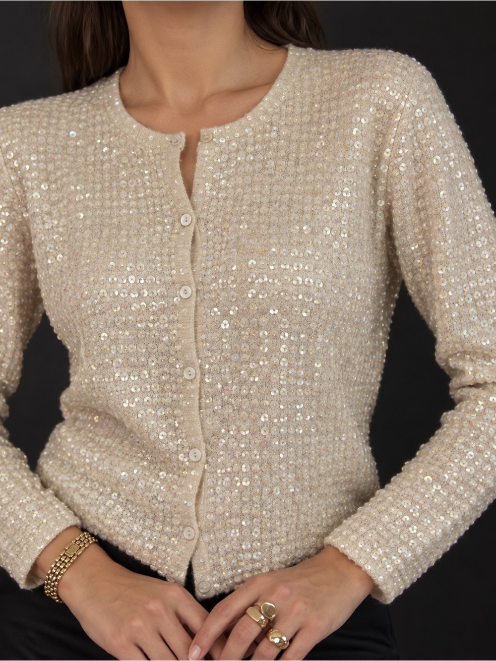 Vintage Joseph A 80% Silk Sequin Cardigan Women L Ivory Champagne